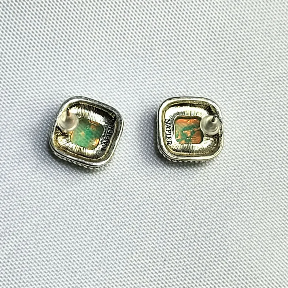 Napier Green White Cabochon‎ Square .5 inch Post Earrings Vintage 1970s